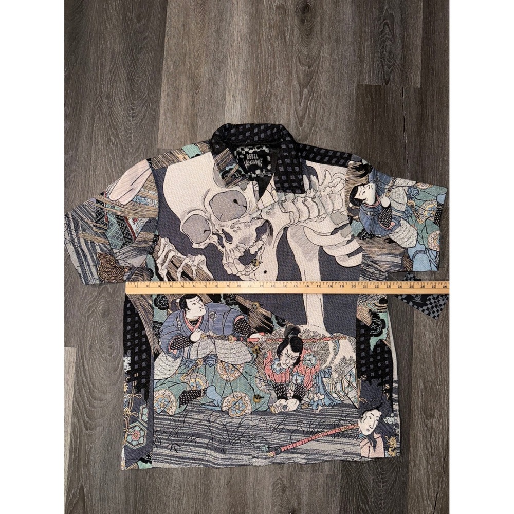 Rebel Vengeance Japanese Tapestry Samurai Skull Print button down Jacket mens L - Picture 3 of 10